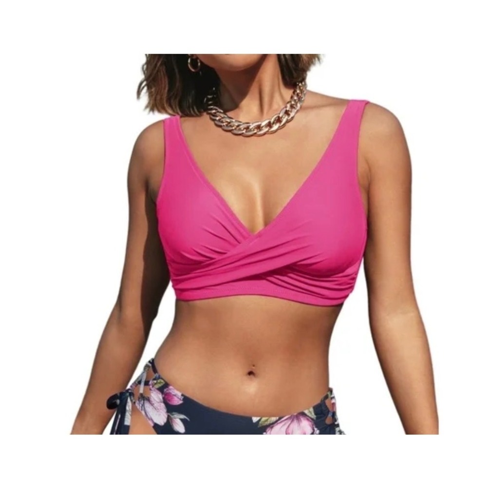 Cupshe Womens Hot Pink Surplice Wrap‎ Lace Up Bikini Top Size Small Beach Barbie